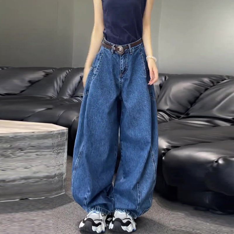 美式复古弯刀牛仔裤女春秋新款高腰显瘦时尚百搭宽松休闲阔腿裤子