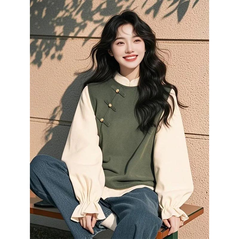 新中式国风盘扣长袖衬衫女2026年春季新款假两件撞色拼接时尚上衣