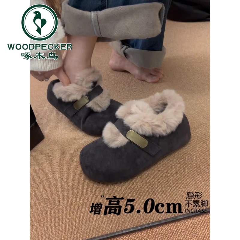啄木鸟厚底内增高勃肯鞋女2025年冬季新款加绒保暖雪地棉鞋毛毛鞋