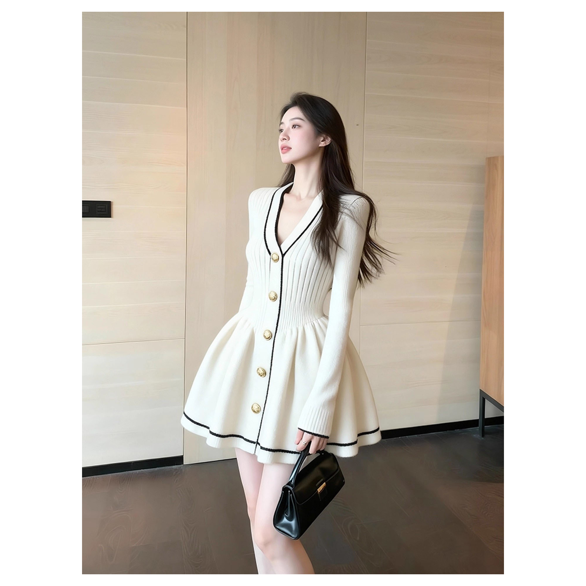 出席重要场合的裙子小个子法式气质收腰高级感白色针织连衣裙女秋