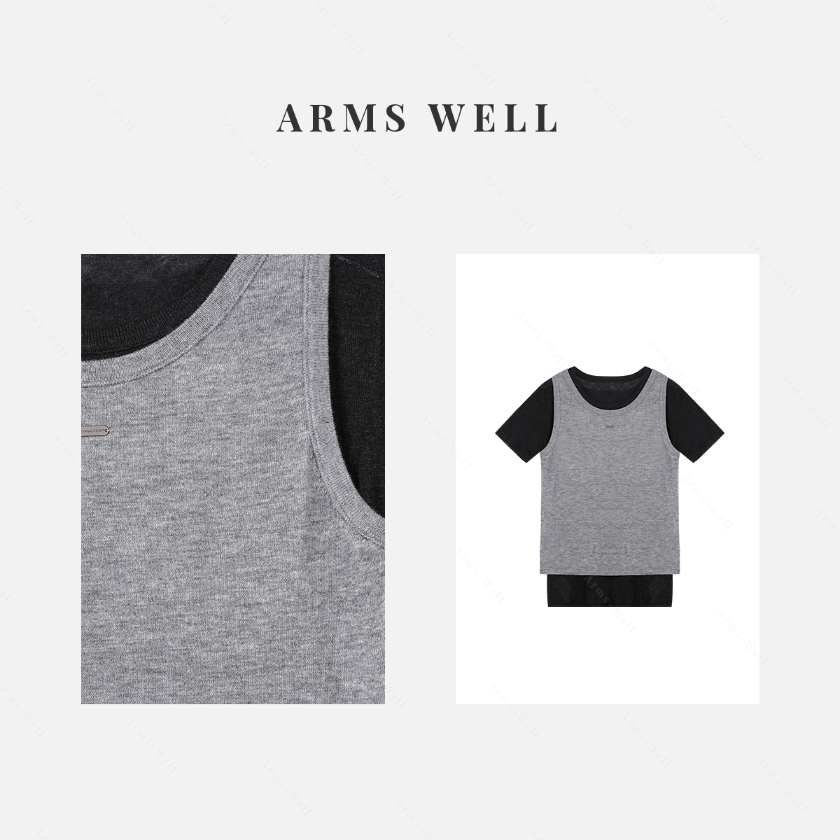 ARMS WELL王囡囡 灰色拼黑色绵羊毛真两件圆领短袖T恤 S137