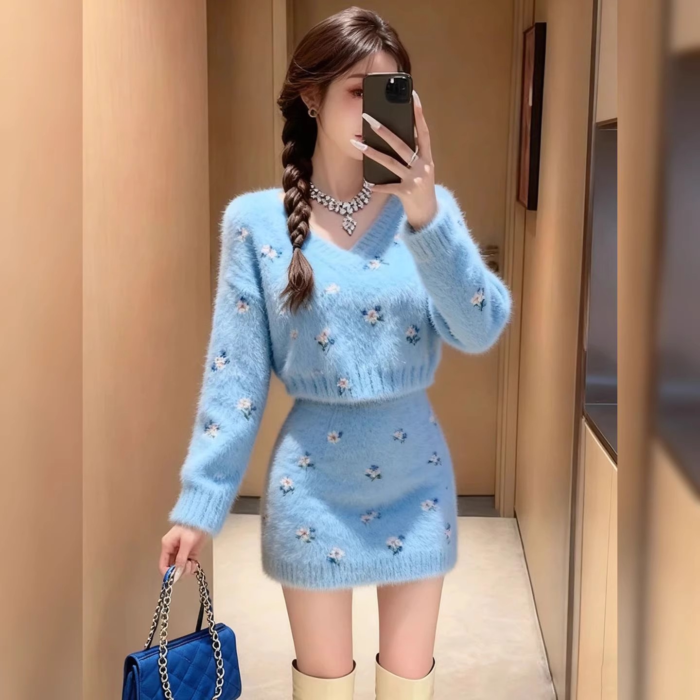 小香风气质碎花V领修身上衣半裙女装2025秋冬新款辣妹时髦两件套