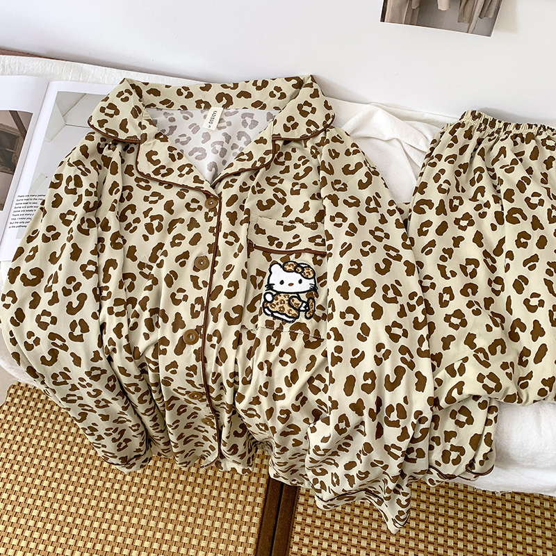 豹纹秋季长裤长袖睡衣家居服套装休闲宽松宽大洋气250斤穿特大码