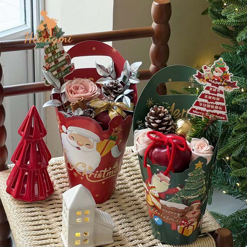 【汉唐美】圣诞节手提圆形花盒平安夜苹果插花盒花艺手工DIY材料