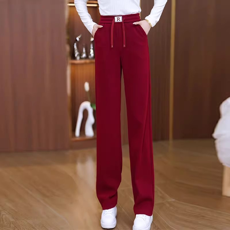 安可拉红窄版阔腿裤女2025新款显瘦高腰加绒长裤百搭条绒直筒裤女