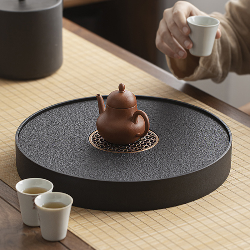 创意圆形简约仿乌金石小型陶瓷家用干泡盘高档茶盘沥水复古泡茶盘