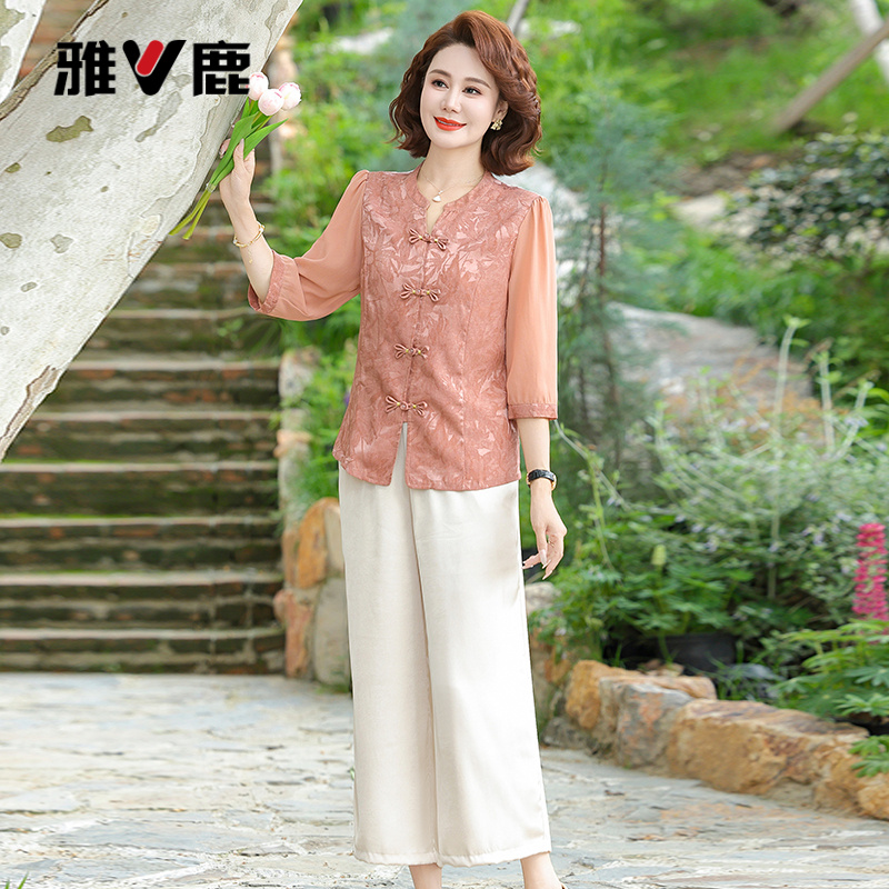 雅鹿优选妈妈夏装新国风盘扣时尚套装女阔太太覆古七分袖恤阔腿裤