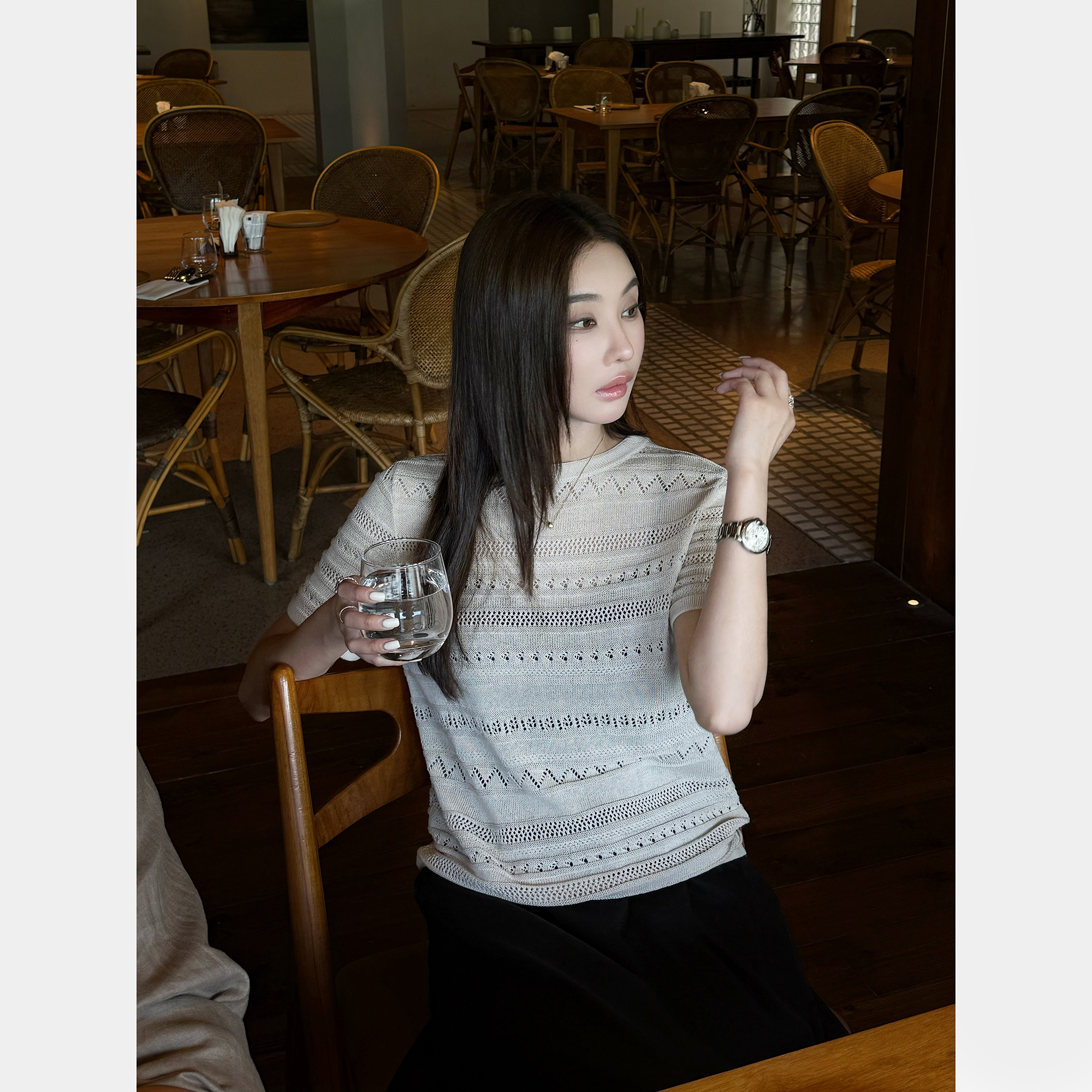 【莫桑花镜】“亚麻+T丝”高品质舒适透气设计感肌理感短袖T恤21456