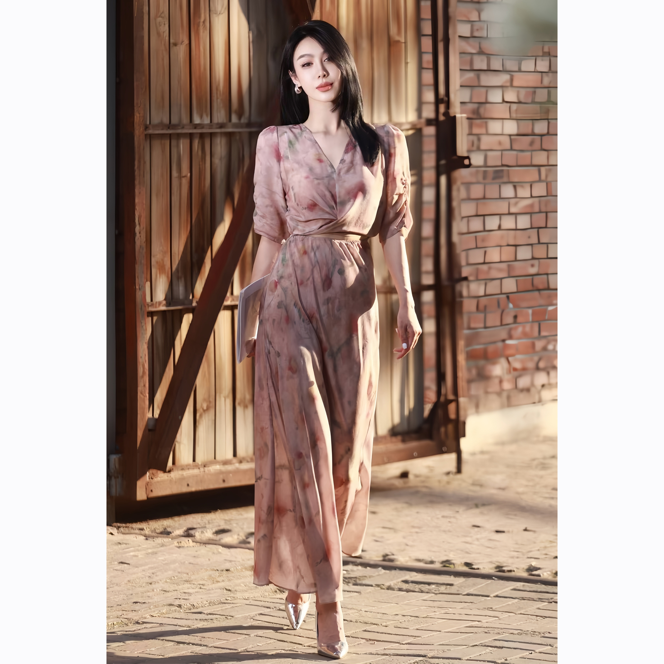 ZEROYK度假风连衣裙2025夏季新款名媛气质七分袖显瘦真丝印花长裙