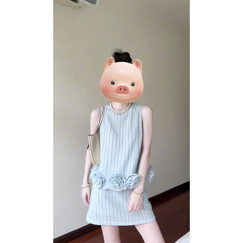 立体花朵无袖背心独特漂亮小衫半身裙短裙减龄显瘦遮肉两件套女
