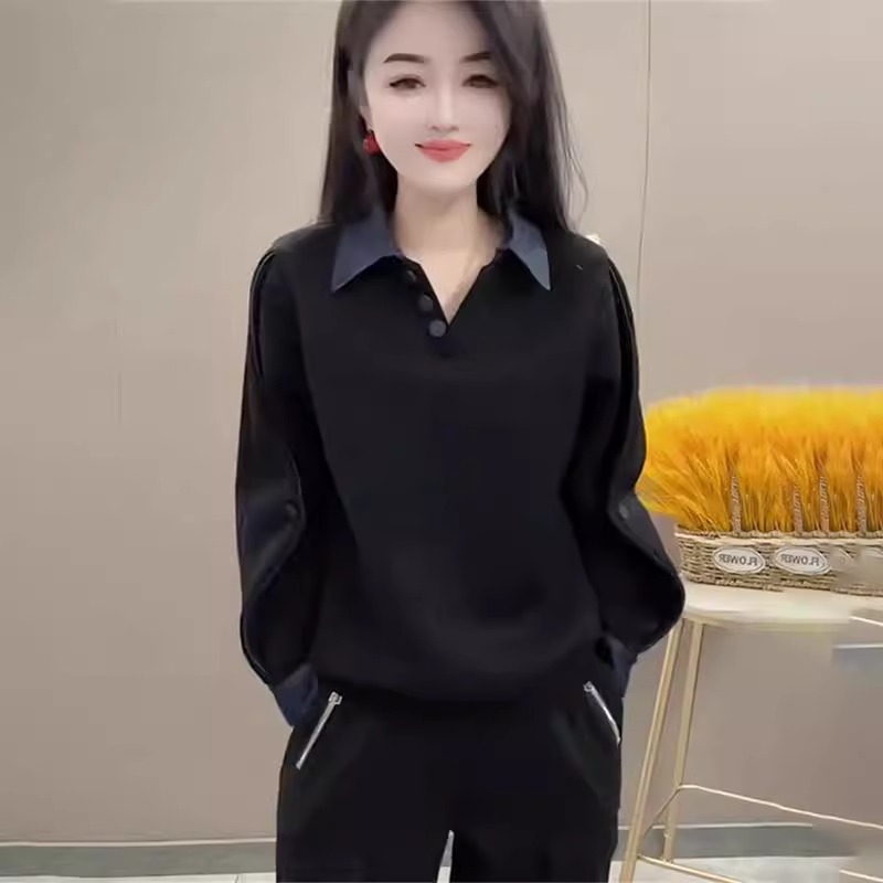 撞色polo领长袖卫衣女春秋宽松显瘦设计感小众休闲外搭上衣打底衫