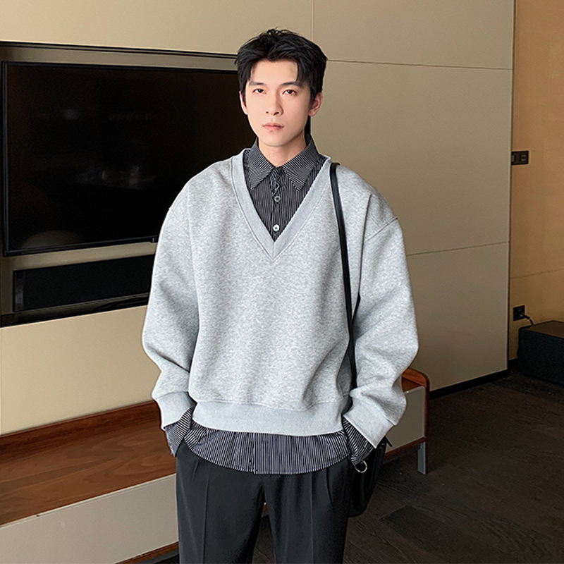 一轩轩轩【耶鲁学院】春秋学院风男假两件翻领拼接卫衣衬衫上衣2526