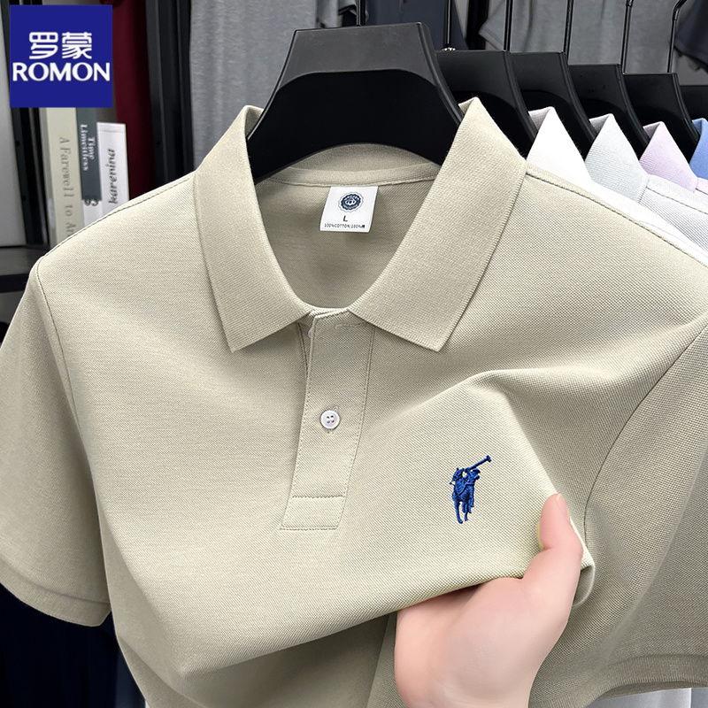 罗蒙纯棉刺绣短袖T恤男翻领polo衫潮流商务休闲半袖宽松简约上衣
