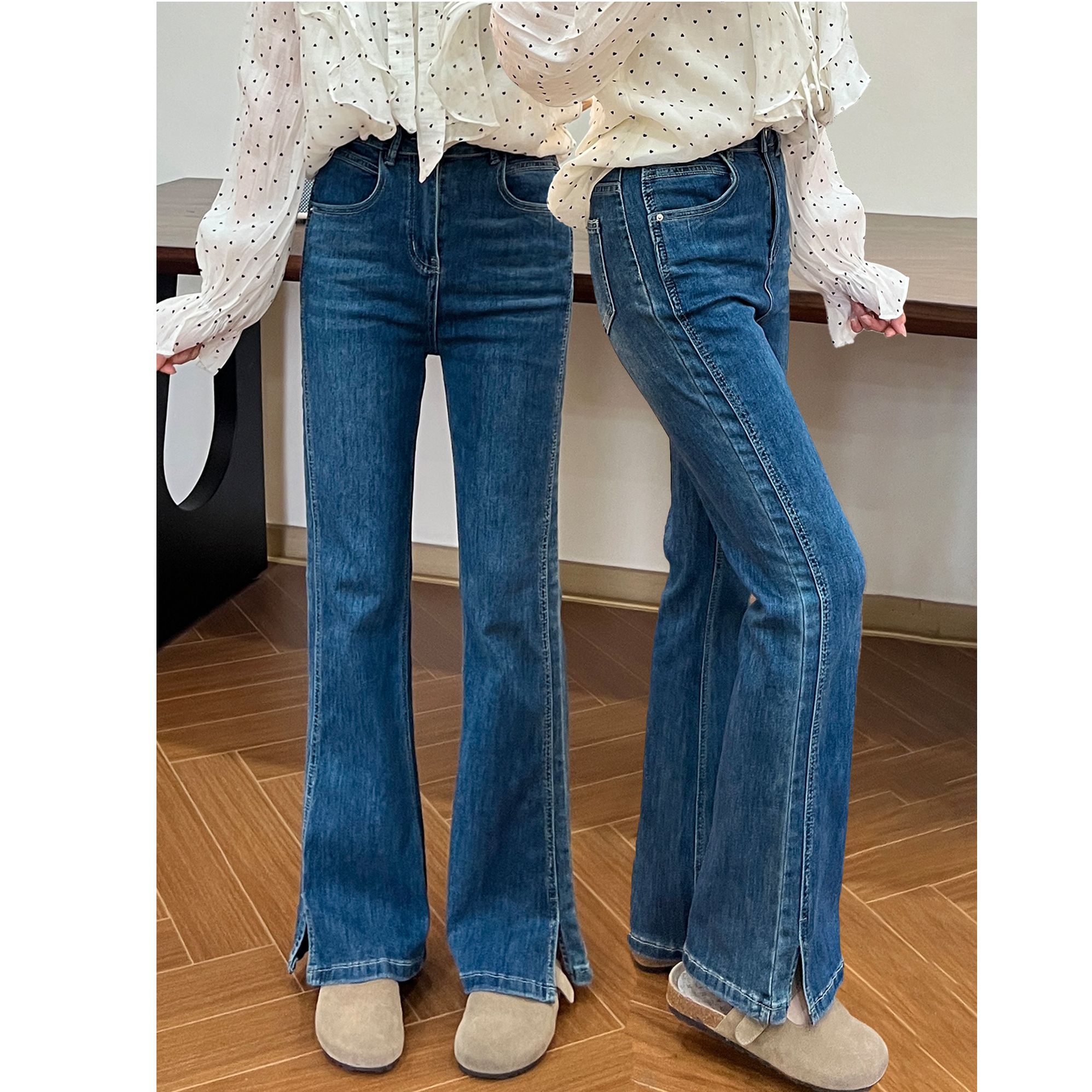 开叉微喇牛仔裤女大码微胖梨型身材喇叭裤高腰显瘦弹力百搭马蹄裤