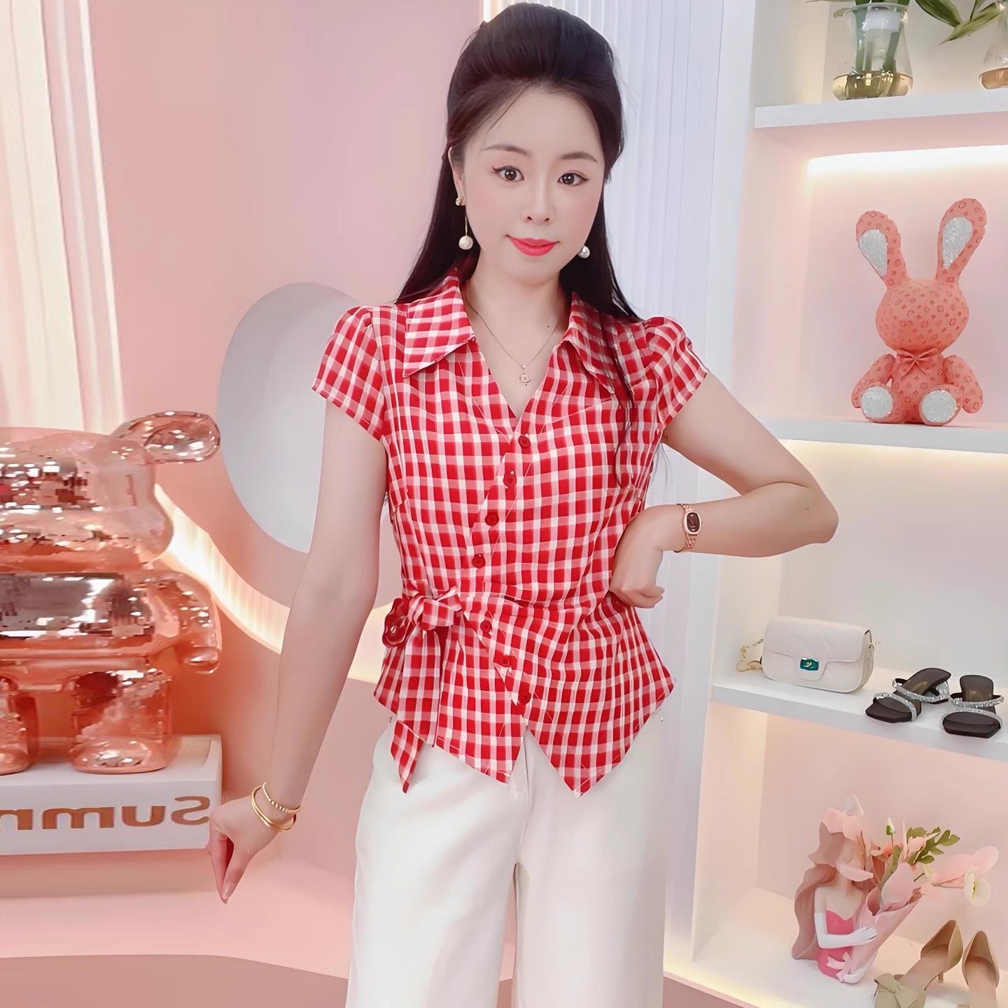 设计感短袖格纹衬衫女洋气系带上衣夏季新款修身显瘦衬衣百搭小衫