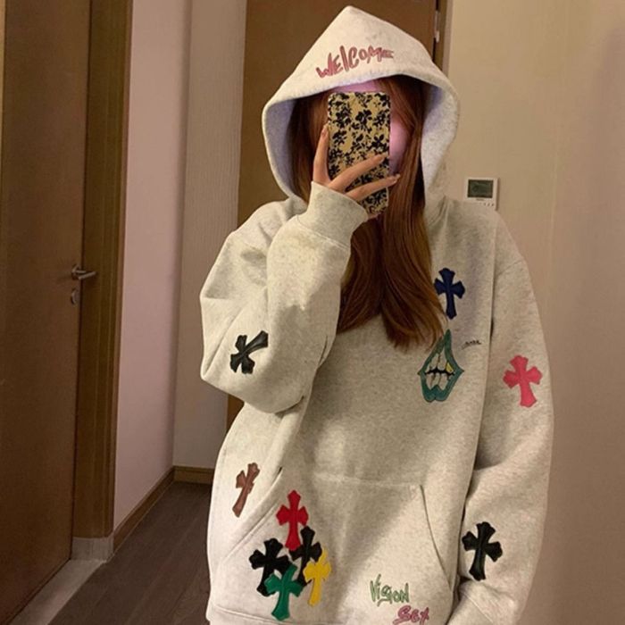 慵懒风彩色十字架设计感长袖连帽卫衣男女秋冬宽松休闲情侣上衣潮
