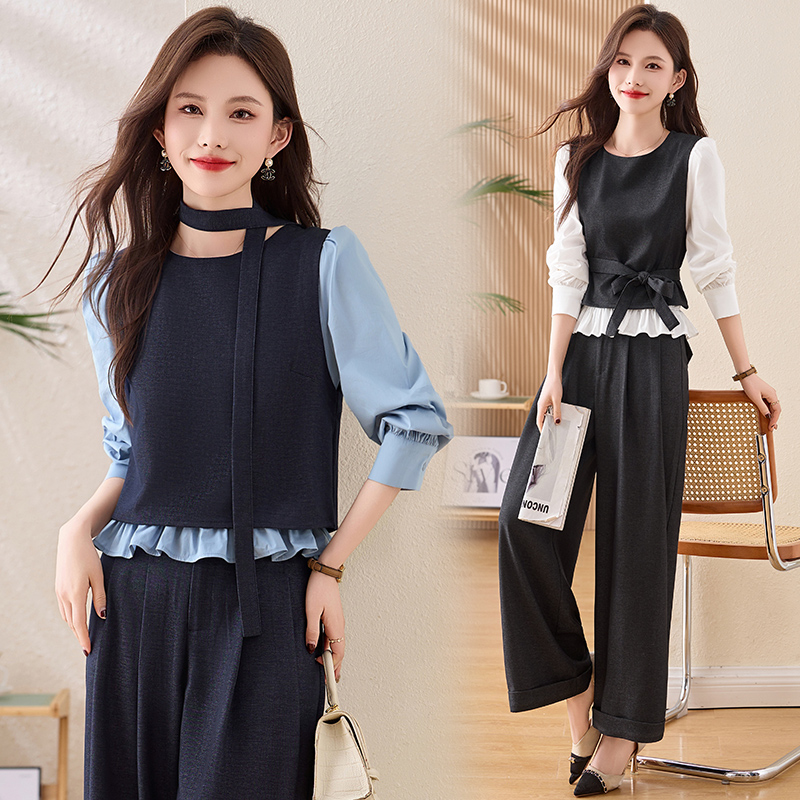 假两件上衣阔腿裤套装女2025春秋新款收腰两件套时尚百搭气质衣服