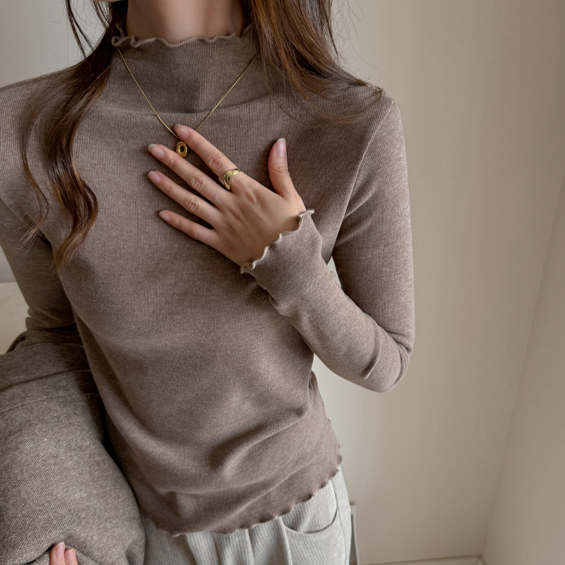 仿羊绒木耳领加绒半高领长袖打底衫女秋冬内搭高级感时尚t恤上衣