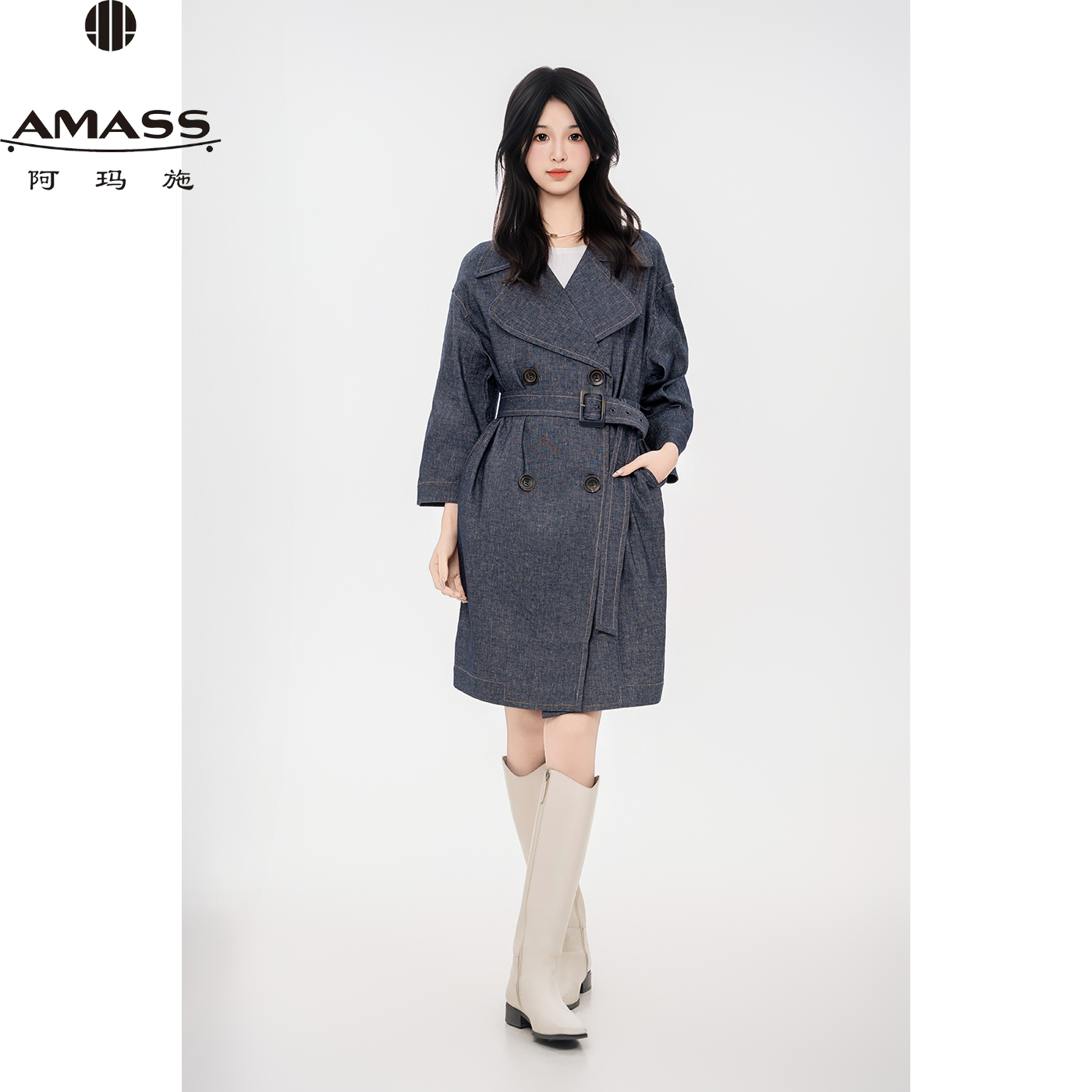 AMASS/阿玛施早春新款时尚收腰双排扣中长款牛仔风衣外套 5400829