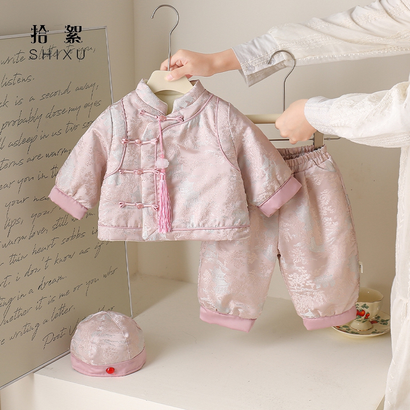 婴儿中国风汉服秋冬装加绒加厚棉衣套装百天周岁宝宝兄妹装分体装