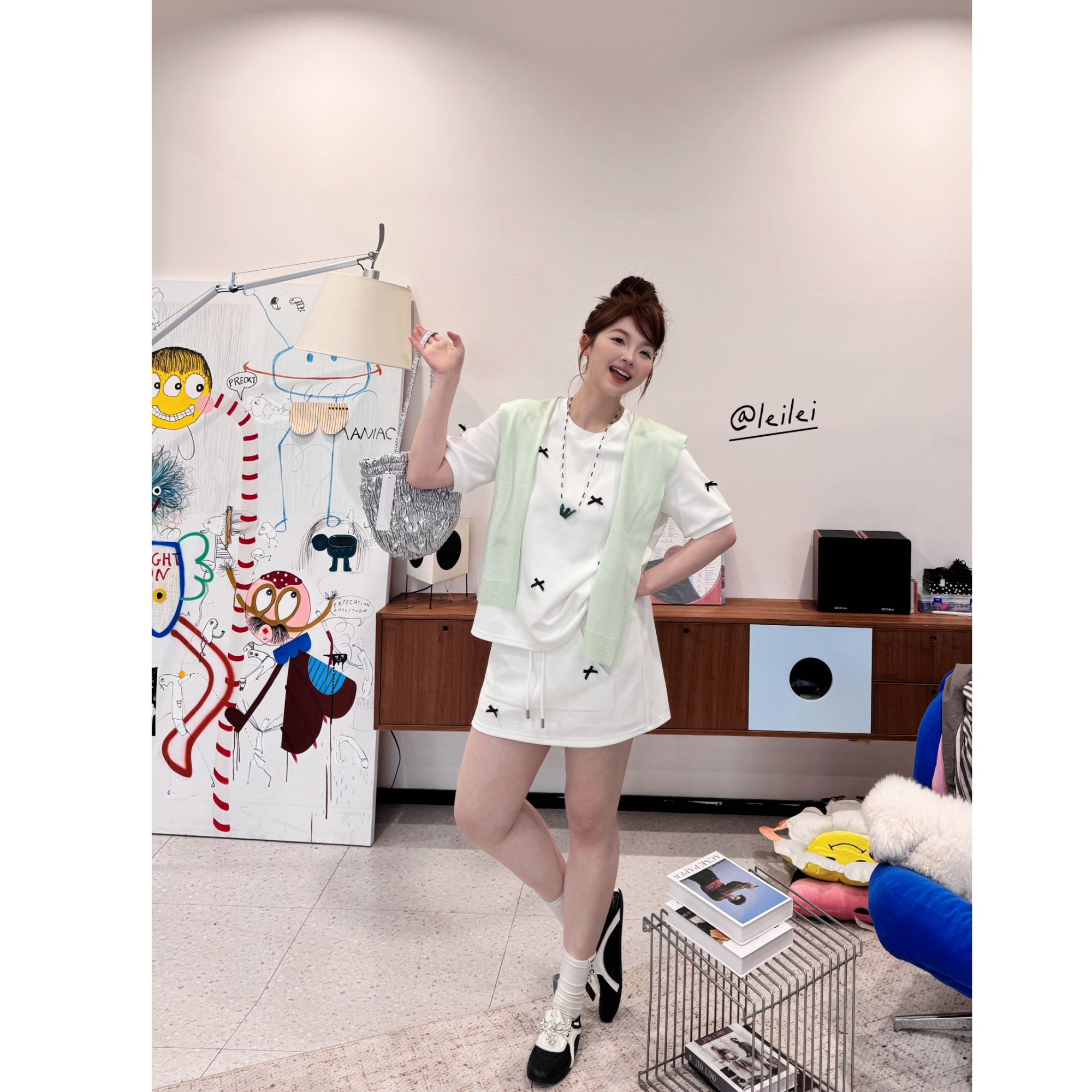 晶咕【氧气一夏】蝴蝶结宽松短袖上衣+全松紧高腰A字半裙