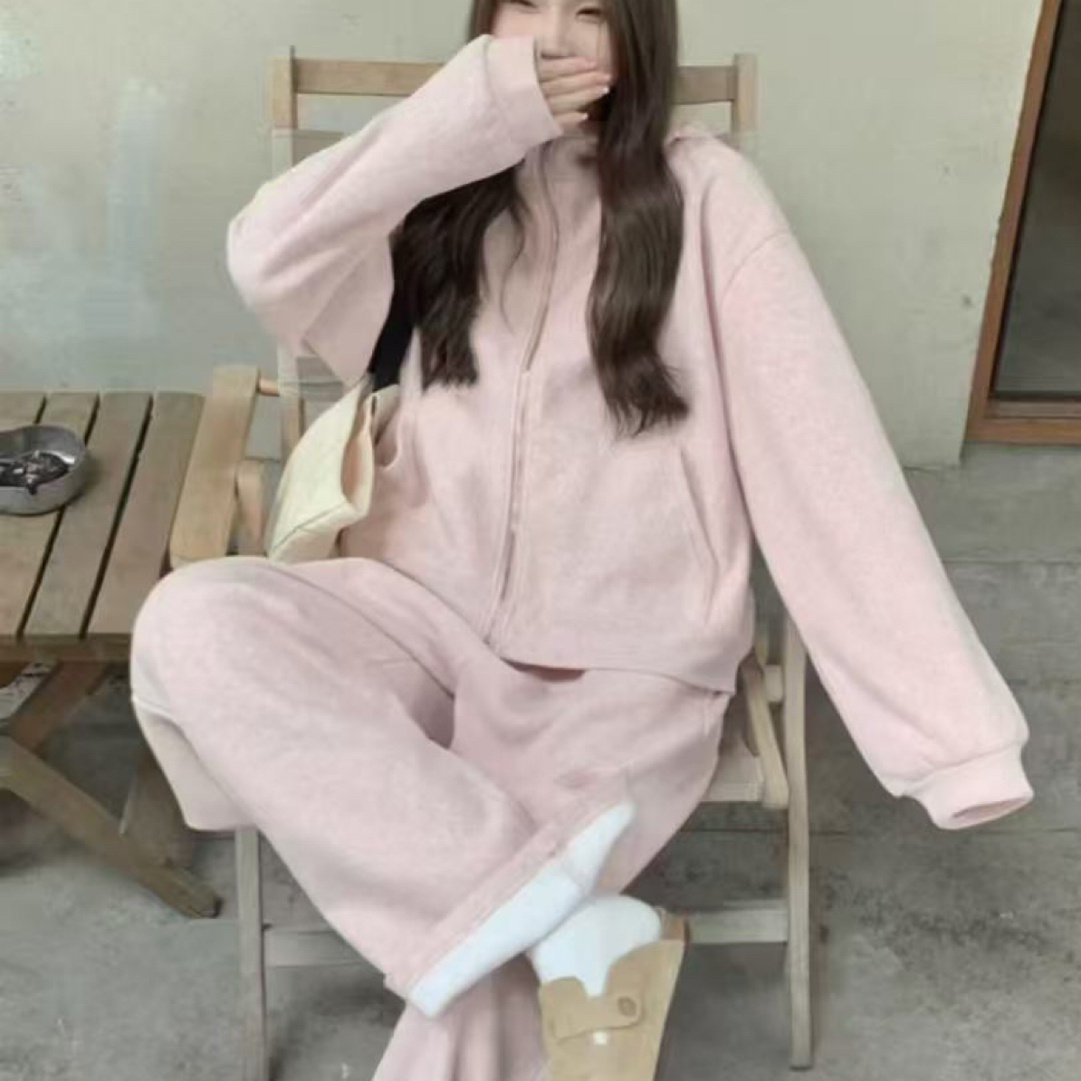 粉色慵懒风运动套装女秋冬宽松大码卫衣加绒加厚休闲两件套