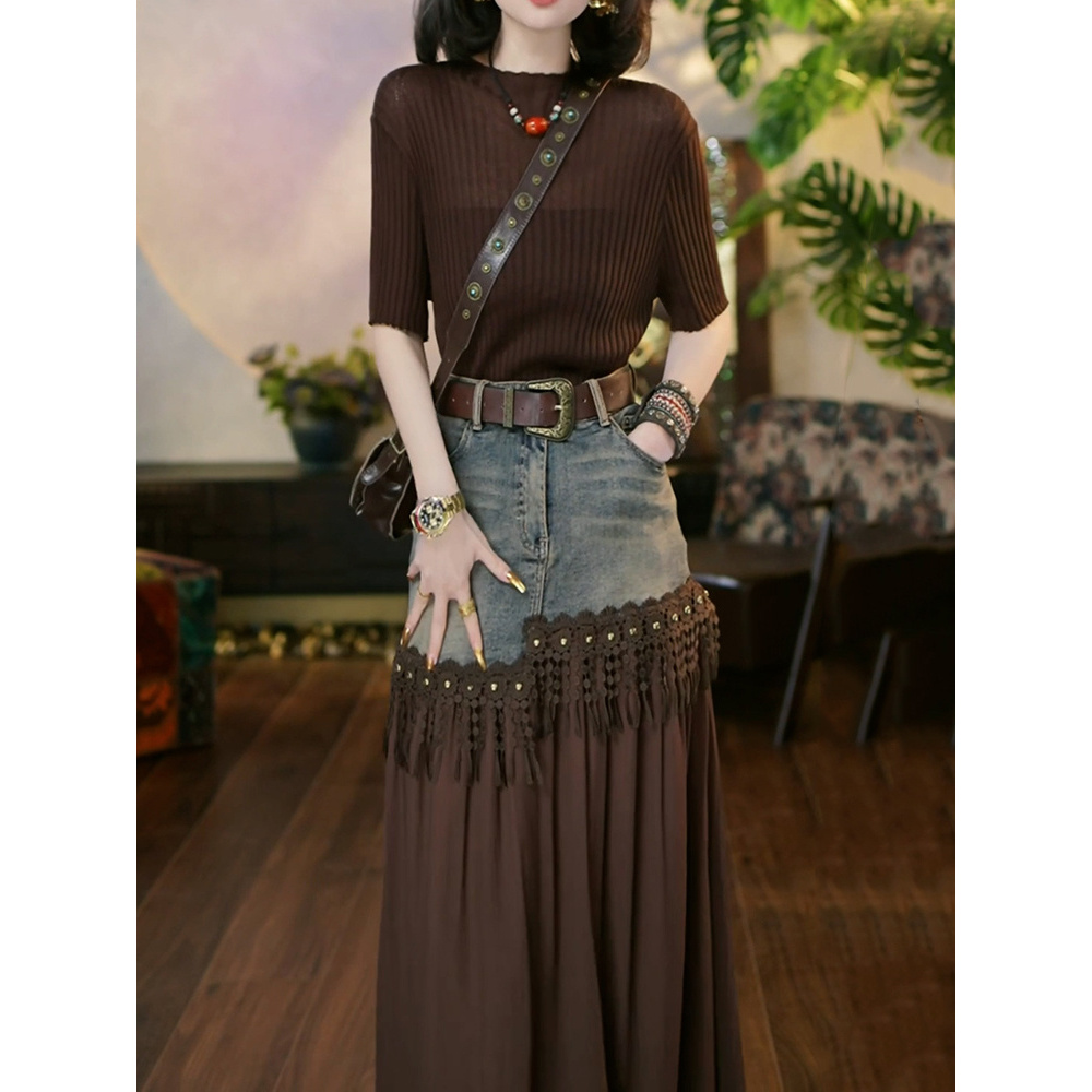 送腰带!复古百搭牛仔裙套装女2025夏新款时尚气质短袖上衣半身裙