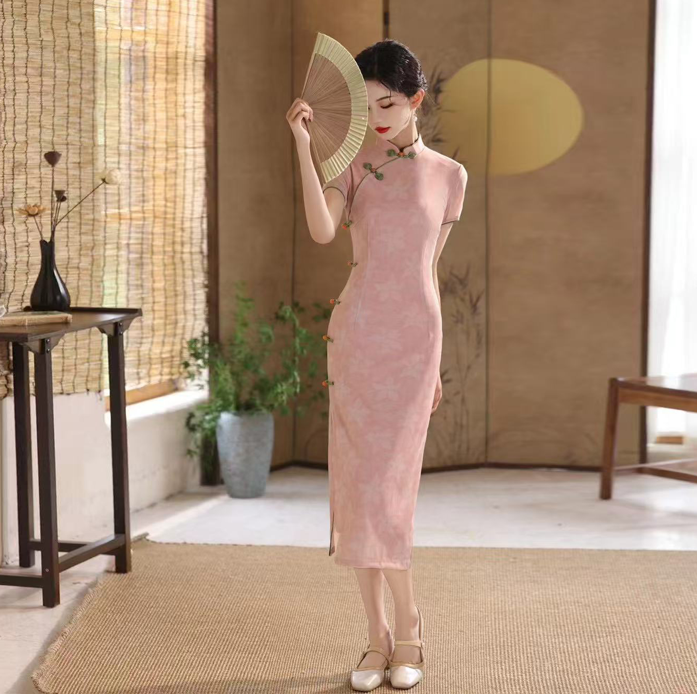 【枫乔】2025夏季年轻少女款粉色短袖新中式旗袍修身显瘦日常连衣裙