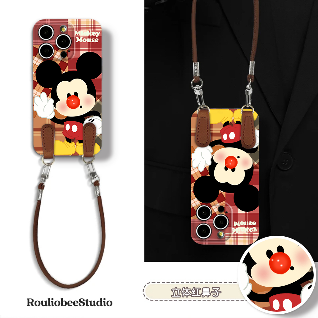 米奇红鼻子挂绳适用苹果16手机壳iPhone15小米14vivoppo华为p70套