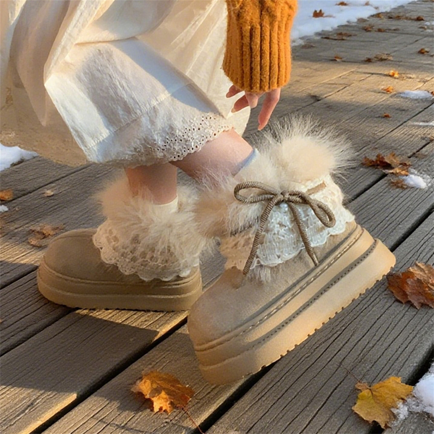 细细条 时尚百搭费尔岛毛毛雪地靴女厚底毛绒保暖冬季短靴子棉鞋