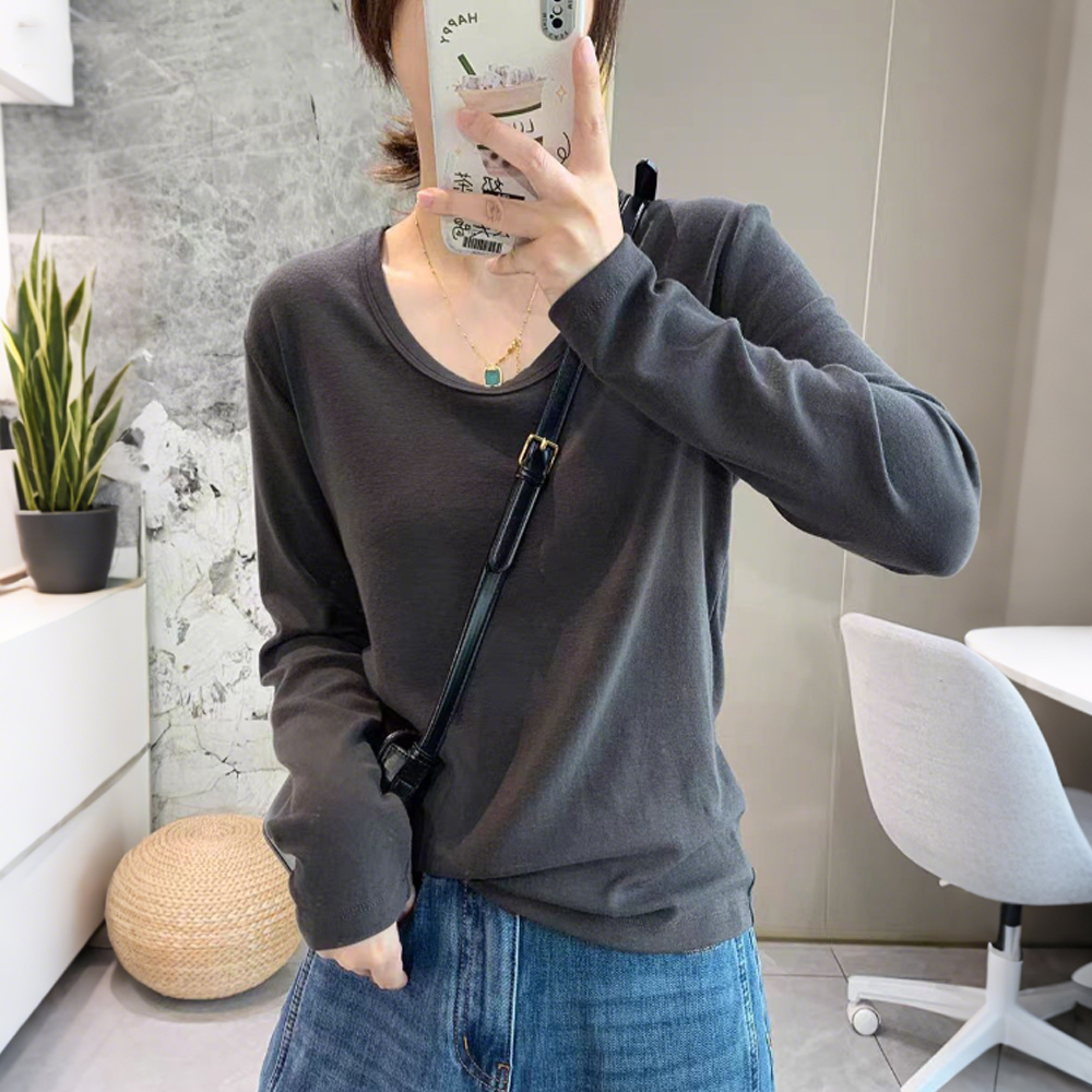 弹力U领长袖T恤女秋季新款小个子纯色内搭慵懒风宽松百搭打底上衣