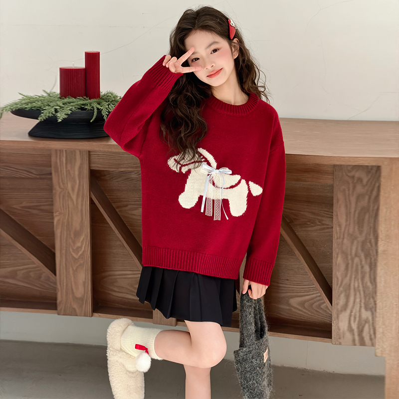 女童小马提花毛衣秋冬2025新款中大童年服加厚毛线衣针织卡通外穿