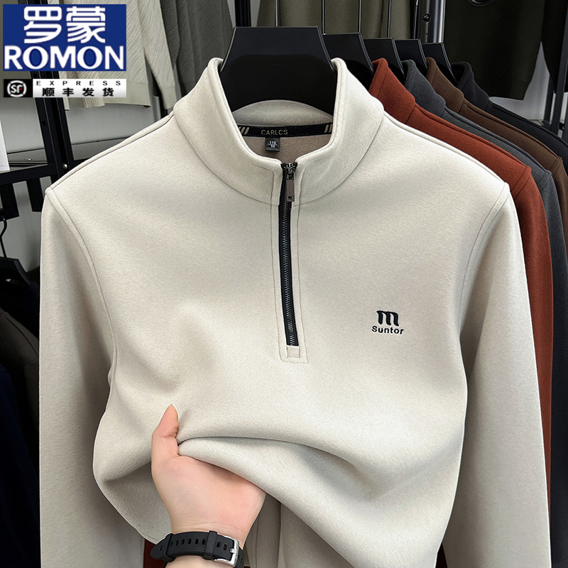 罗蒙2025秋冬新款男士加厚加绒卫衣半拉链立领奥粒绒上衣舒适保暖