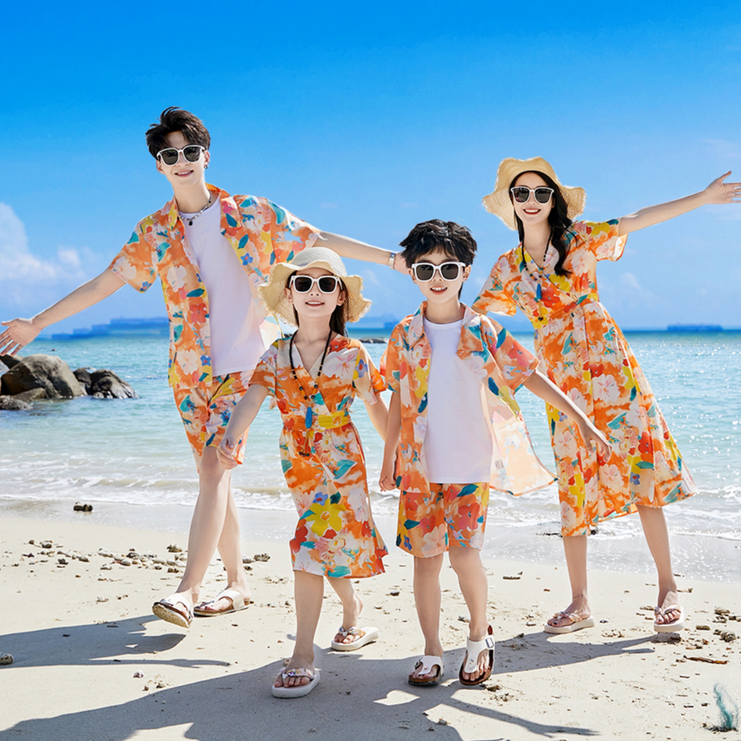 大码亲子装一家四口套装夏季洋气一家三口三亚旅游度假母女连衣裙