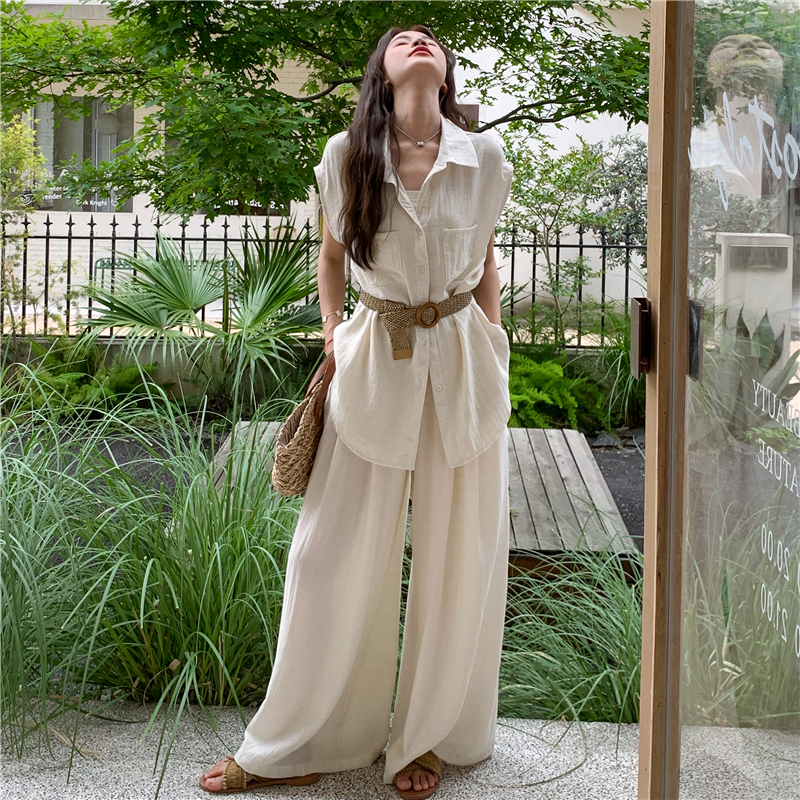 温柔系穿搭无袖上衣套装女夏新款高级感气质显瘦轻薄阔腿裤两件套