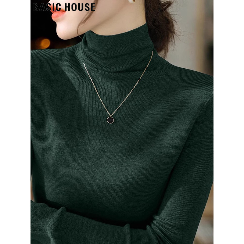 Basic House/百家好墨绿色高领打底衫毛衣女秋冬配大衣内搭针织衫