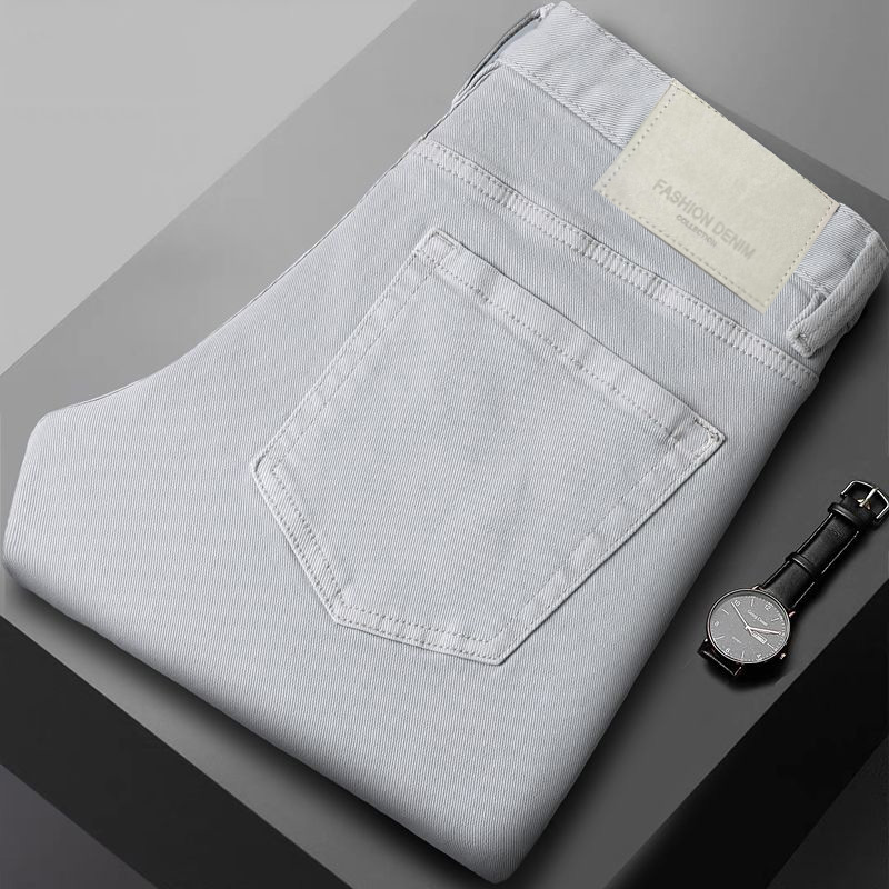 秋冬新款高级米灰色牛仔裤男款休闲百搭弹力修身显瘦九分牛仔裤男