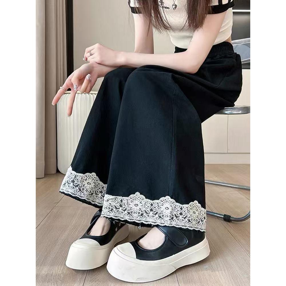 复古蕾丝花边拼接阔腿裤女2025夏薄款时髦宽松高腰休闲直筒九分裤