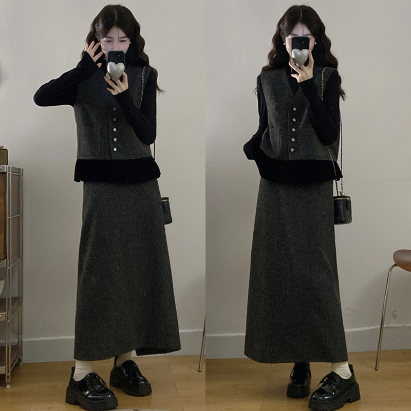 大码胖mm秋季新款韩版时尚洋气简约百搭拼接修身半身裙两件套装女