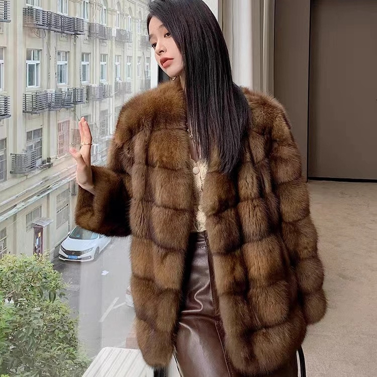 海宁仿水貂横排V领轻奢毛毛外套秋冬保暖大衣女里布