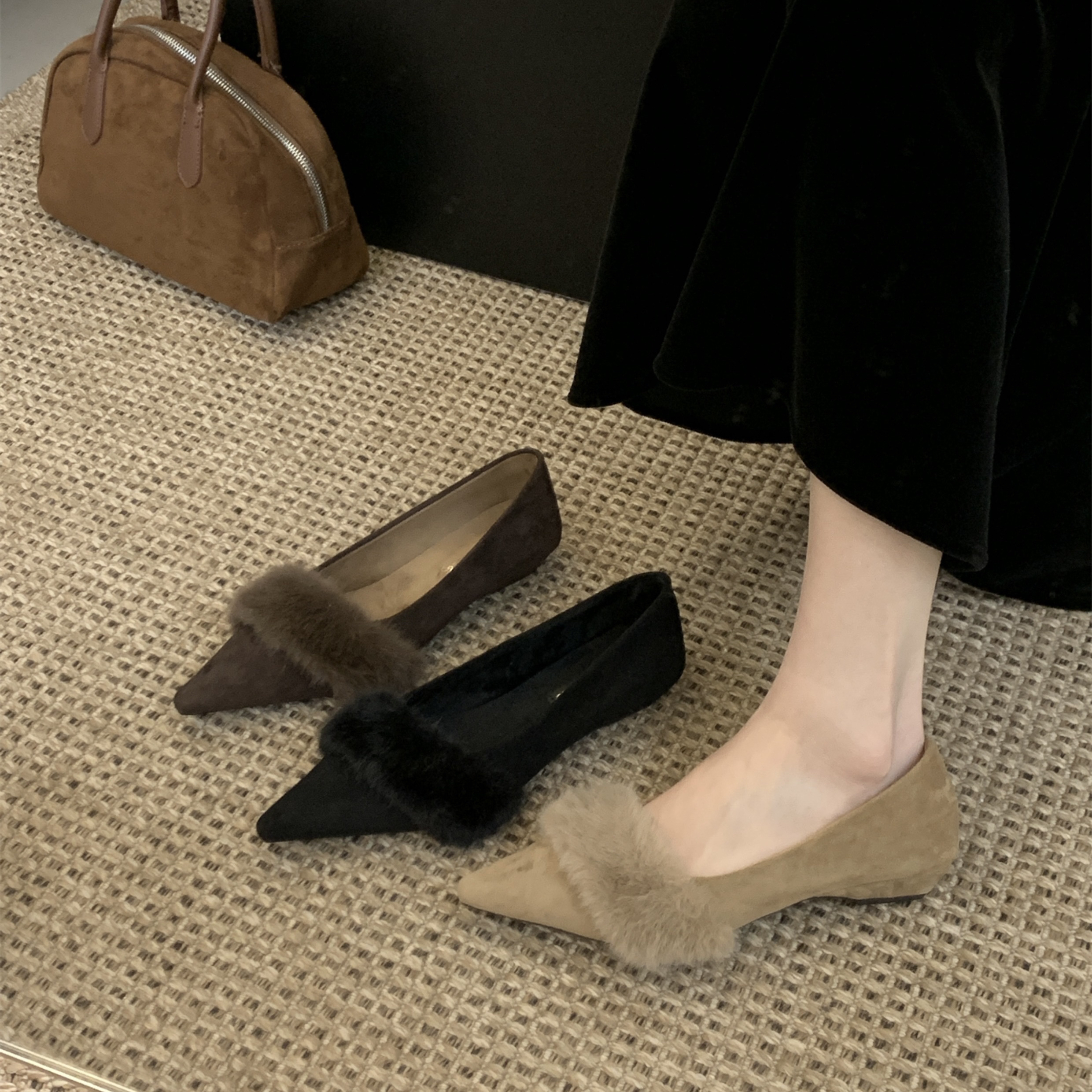 【3种跟】黑色尖头单鞋女鞋子2025新款秋冬温柔晚晚鞋配裙子毛毛鞋