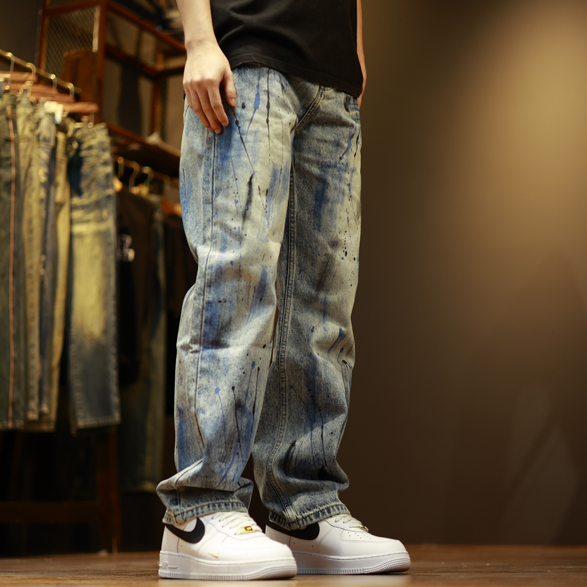 99128美式宽松水洗泼墨潮流高街个性休闲直筒牛仔裤
