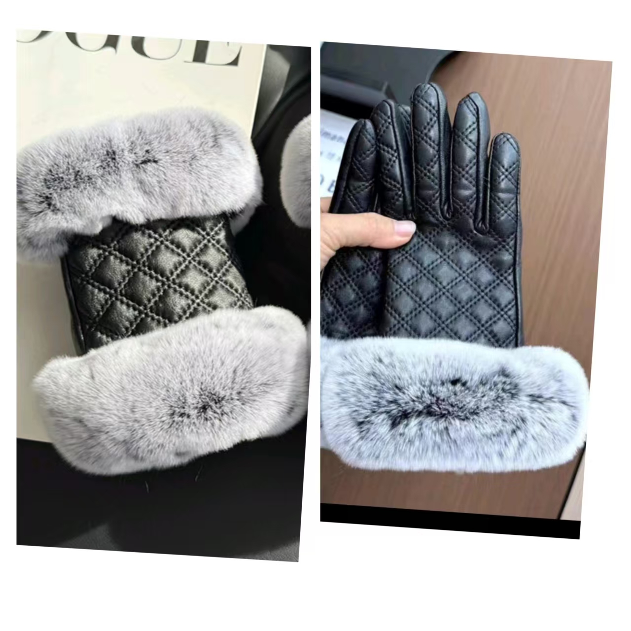 手套时尚黑色真皮獭兔毛加绒真保暖可爱暖手套女士冬季加厚网红