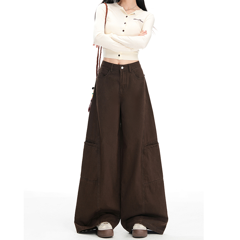 复古咖色美拉德工装牛仔裤女秋季2025新款宽松垂感阔腿拖地长裤子