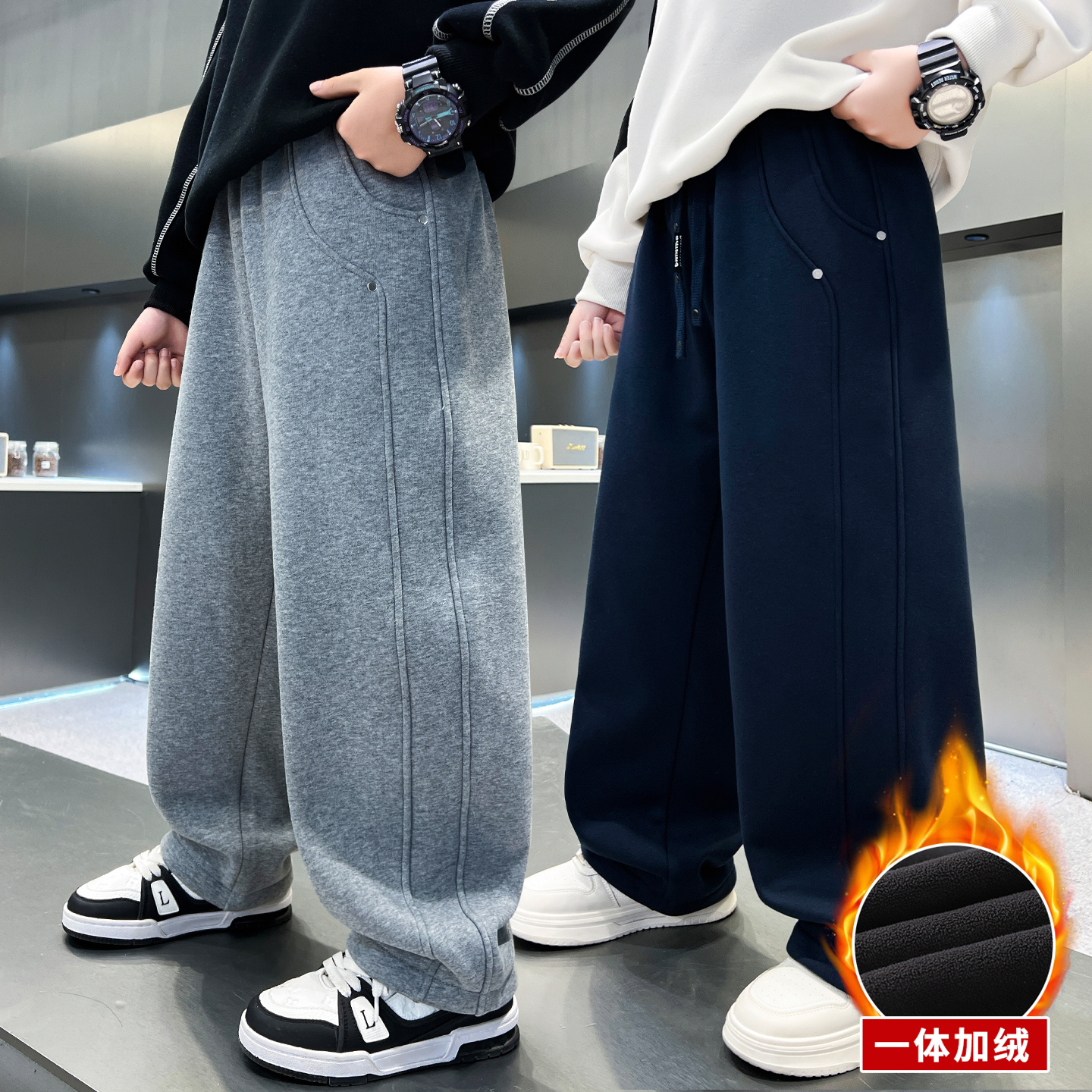 儿童加绒裤子秋冬新款男童运动卫裤阔腿男孩直筒休闲长裤厚一体潮