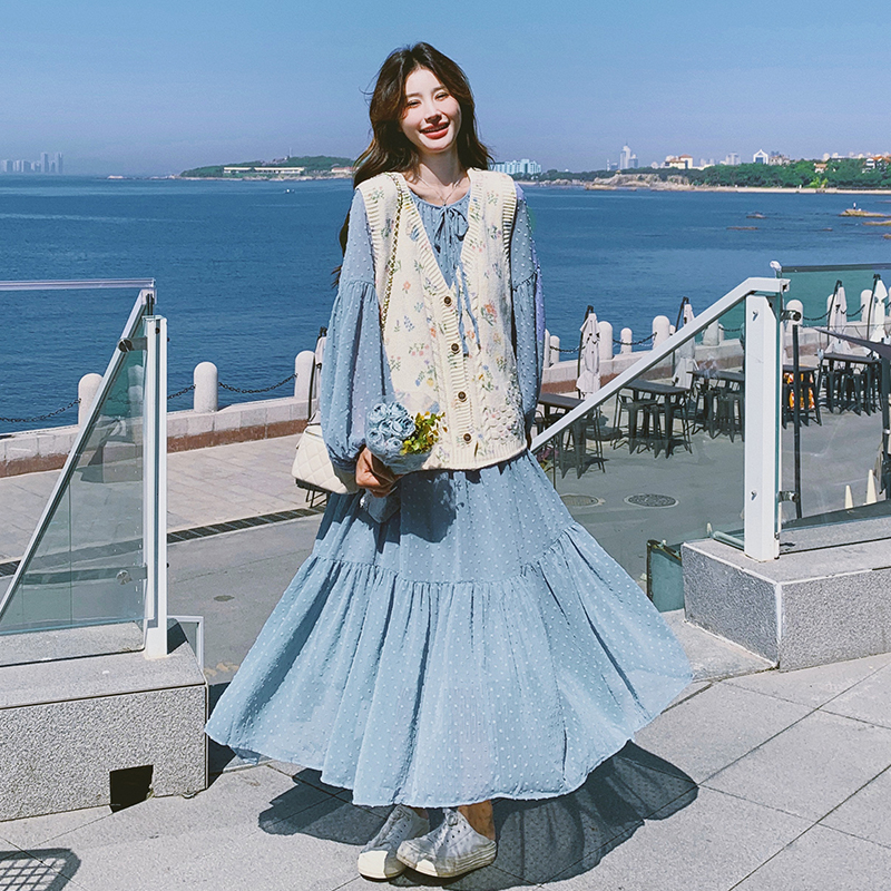 休闲碎花马甲蓝色连衣裙套装女2025春秋新款显瘦爆款高级感两件套