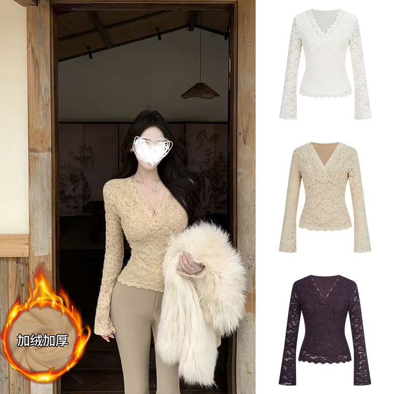 Moses Queen/魔西女王V领纯欲纯色气质款设计感蕾丝衫复古显瘦