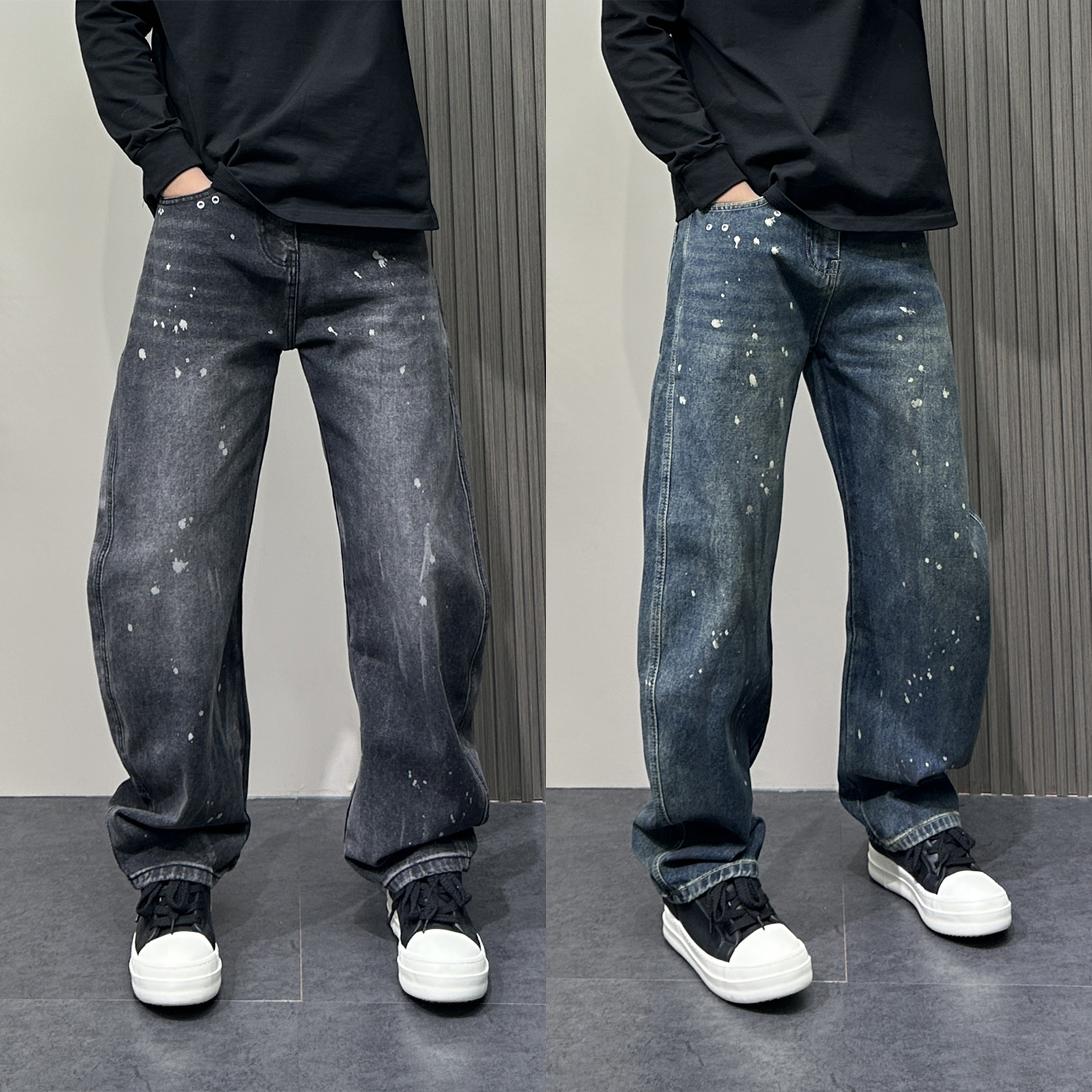男士秋季新款青年潮流痞帅宽松阔腿弯刀裤潮牌个性甩漆水洗牛仔裤