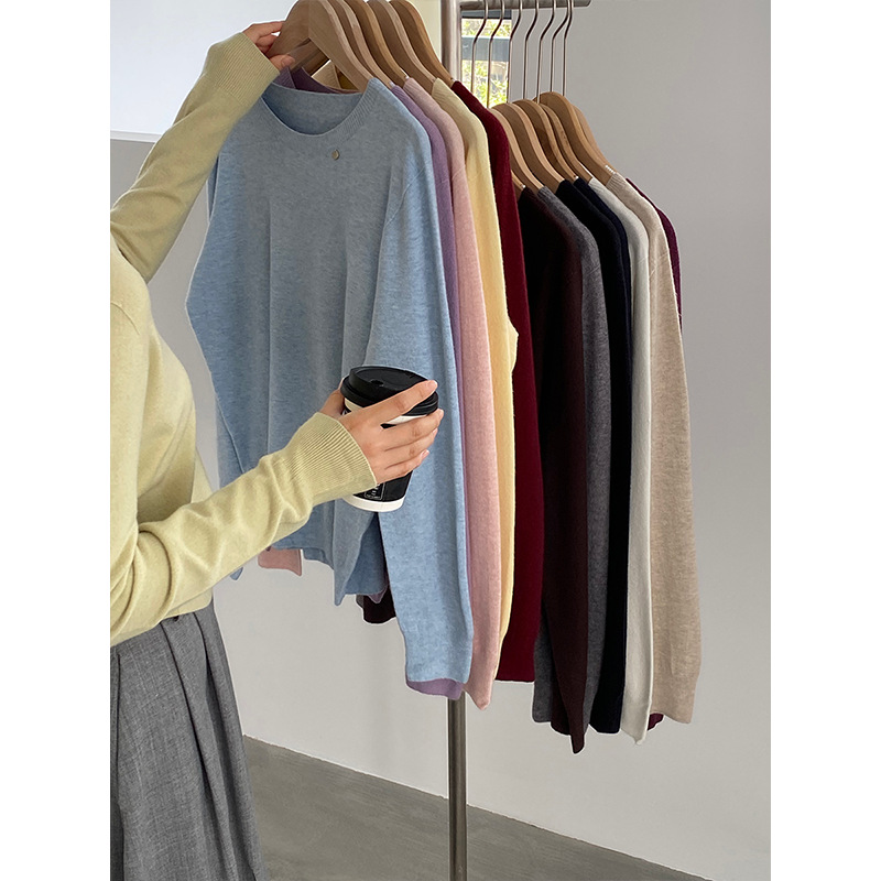 无缝一体百搭韩版圆领简约纯色打底长袖针织衫女上衣女装显瘦宽松