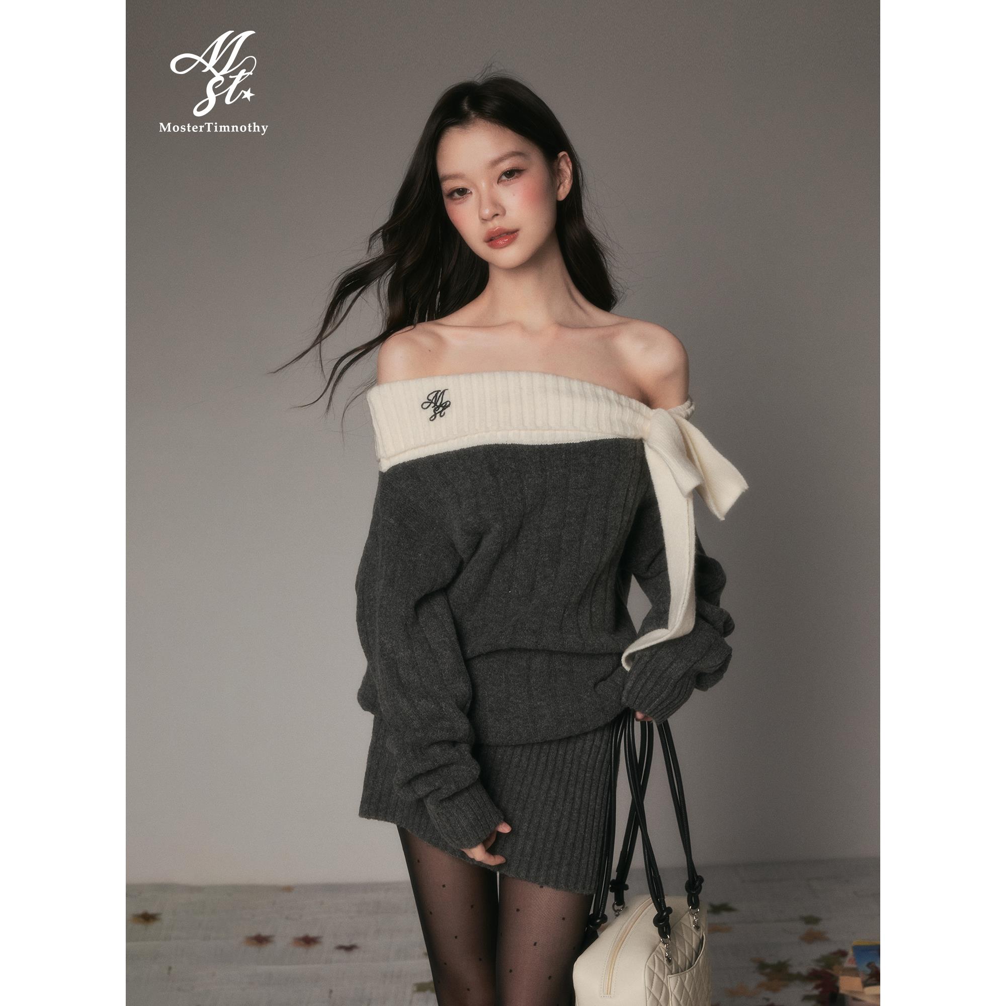 潮流爆款针织长袖一字肩蝴蝶结厚款氛围感轻奢毛衣连衣裙